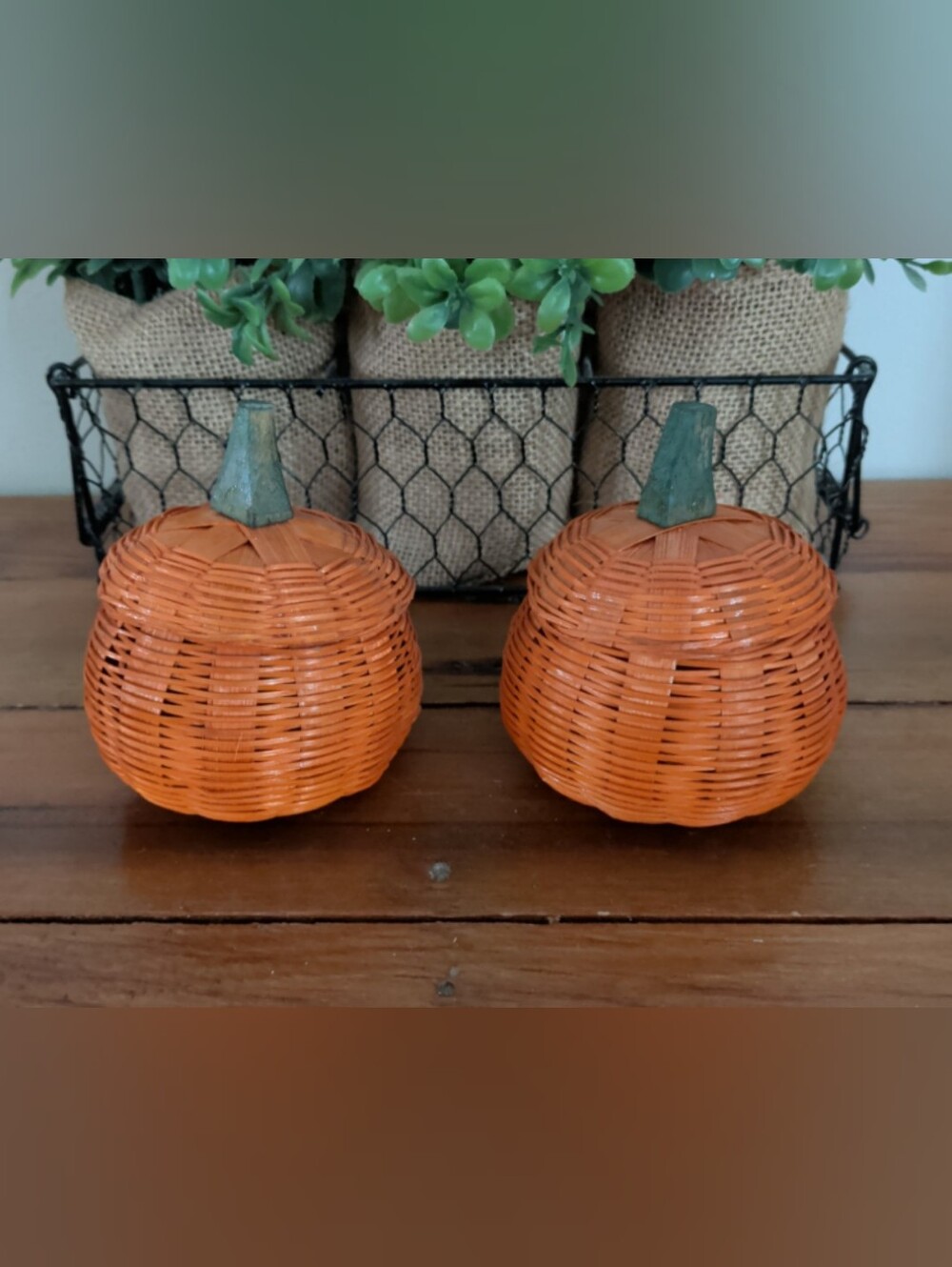 Wicker Pumpkin Basket Set with Removable Wooden Stem Lids